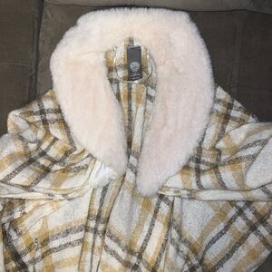 Vince Camuto Plaid Poncho with Faux Fur Collar